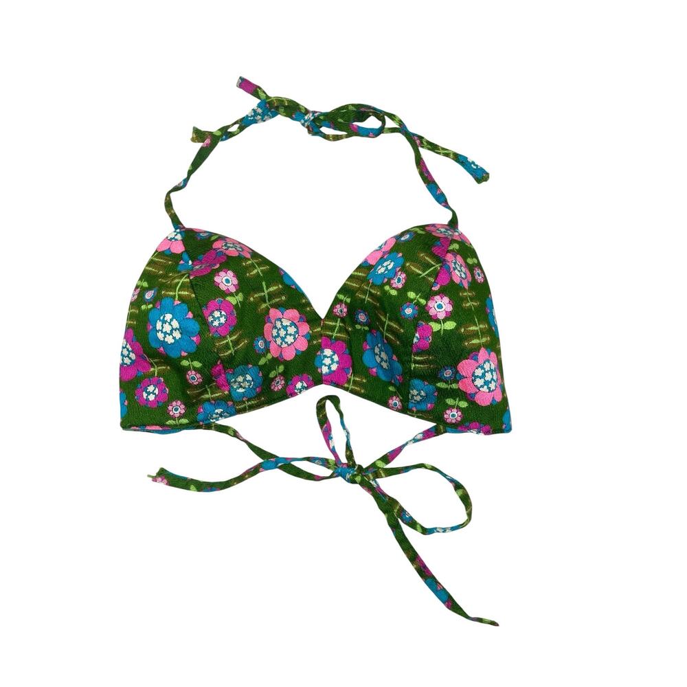 Vtg 70s Eeni Meeni Flower Power Bikini Top S/M Green Pink Retro Hippie Swimwear